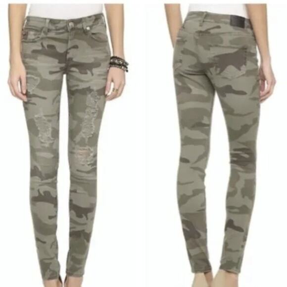 True Religion Jeans Halle Mid Rise Super Skinny Green Camo Distressed Size 26 - Picture 2 of 12
